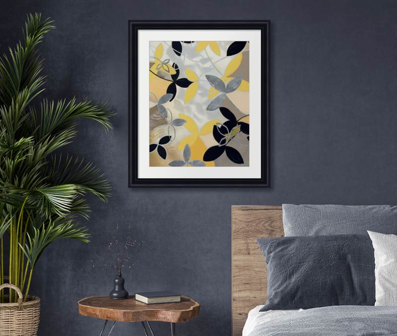 Framed Illuminating Yellow art in a gray bedroom room