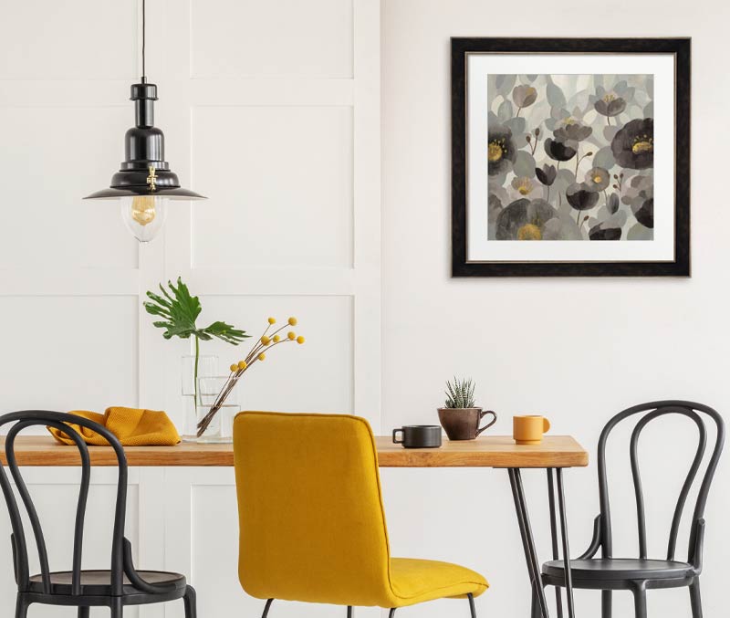 gray art in the dining room