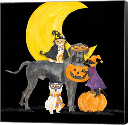 Framed Fright Night Friends II Dog with Pumpkin Print