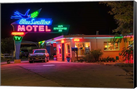 Framed Neon Blue Swallow Motel Print