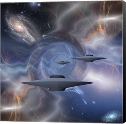 Framed Surreal Digital Art Flying Saucers in Warped Space Print