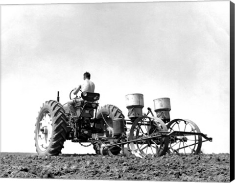 Framed Low Angle View of a Farmer Planting Corn with a Tractor in a Field Print