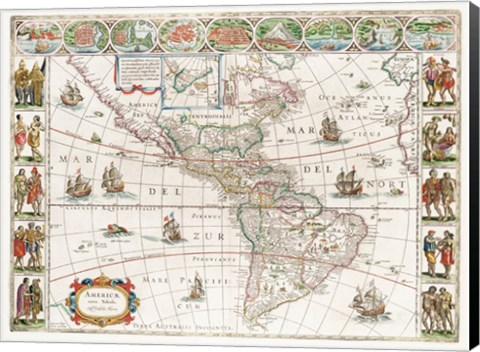 Framed Americae nova Tabula - Map of North and South America Print