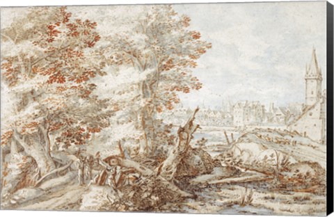 Framed Wooded Landscape with Travelers by a Stream, a Town Beyond Print