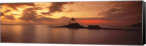 Framed Silhouette of a palm tree on an island at sunset, Anse Severe, La Digue Island, Seychelles Print