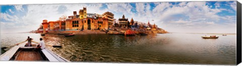 Framed Buildings at riverbank viewed from a boat, Ganges River, Varanasi, Uttar Pradesh, India Print