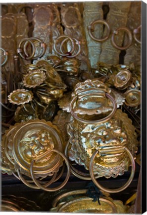 Framed Brass items for sale in a street market, Old Town, Lijiang, Yunnan Province, China Print