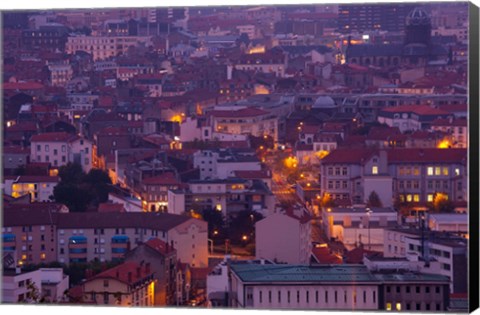 Framed Aerial view of building lit up at dusk viewed from Parc de Montjuzet, Clermont-Ferrand, Auvergne, Puy-de-Dome, France Print