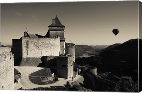 Framed Chateau de Castelnaud with hot air balloon flying over a valley, Castelnaud-la-Chapelle, Dordogne, Aquitaine, France Print