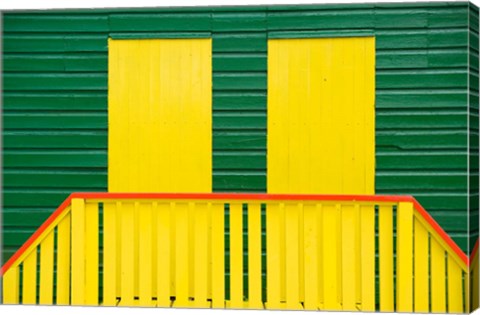 Framed Yellow and Green wooden cottages, Muizenberg Resort, Cape Town, South Africa Print