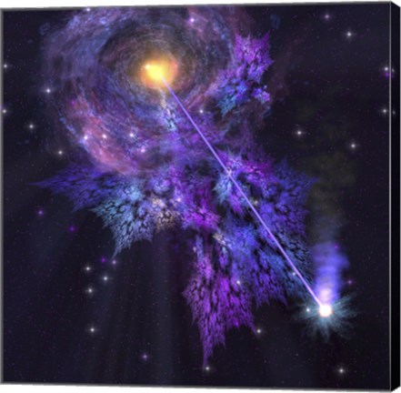 Framed shooting star radiates out from a black hole in the center of a galaxy Print