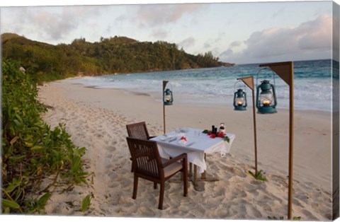 Framed Private dinner on the beach at Banyan Tree Resort, Mahe Island, Seychelles Print