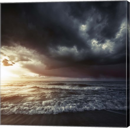 Framed Bright sunset against a wavy sea with stormy clouds, Hersonissos, Crete Print