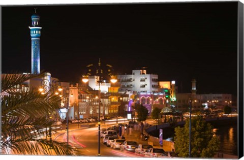 Framed Oman, Muscat, Mutrah. Mutrah Corniche Buildings / Evening Print