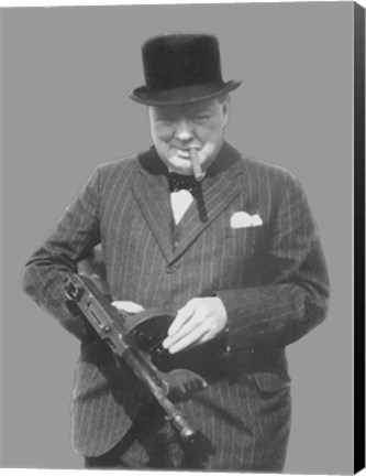 Framed Sir Winston Churchill with a Tommy Gun Print