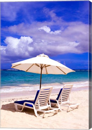 Framed Umbrellas On Dawn Beach, St Maarten, Caribbean Print