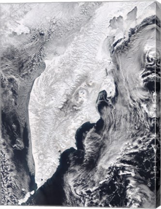 Framed Satellite view of Kamchatka Peninsula, Eastern Russia Print