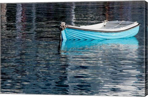 Framed Greece, Cyclades, Mykonos, Hora Blue Fishing Boat with Reflection Print