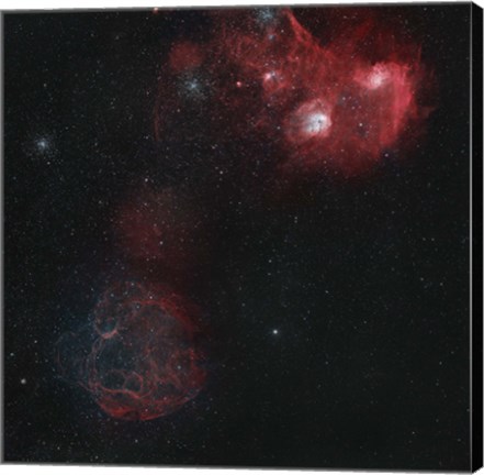 Framed Widefield view of of Simeis 147, the Flaming Star Nebula, and the Tadpole Nebula Print