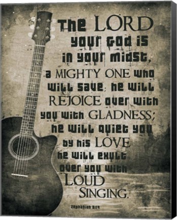 Framed Zephaniah 3:17 The Lord Your God (Guitar Sepia) Print