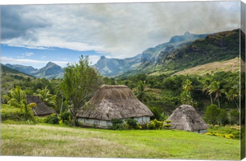 Framed Traditional thatched roofed huts in Navala in the Ba Highlands of Viti Levu, Fiji Print