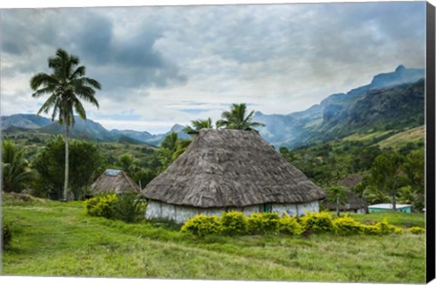 Framed Traditional thatched roofed huts in Navala, Fiji, South Pacific Print