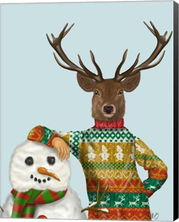 Framed Deer in Christmas Sweater with Snowman Print