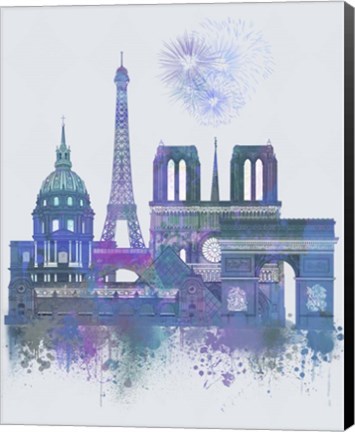 Framed Paris Skyline Watercolour Splash Blue Print