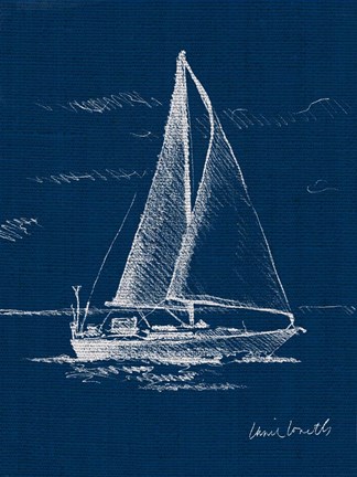 Framed Sailboat on Blue Burlap I Print