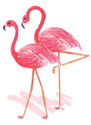 Framed Flamingo Walk Watercolor II Print