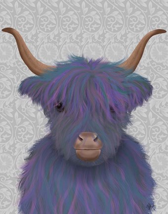 Framed Highland Cow 7, Purple, Portrait Print