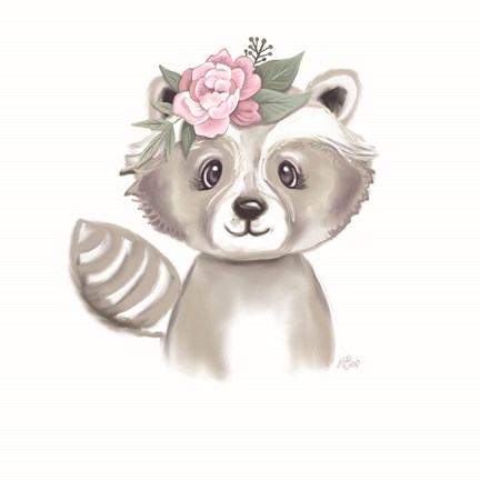 Framed Cute Floral Raccoon Print