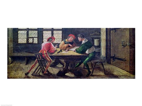 Framed School Teacher Explaining the Meaning of a Letter to Illiterate Workers, 1516 Print