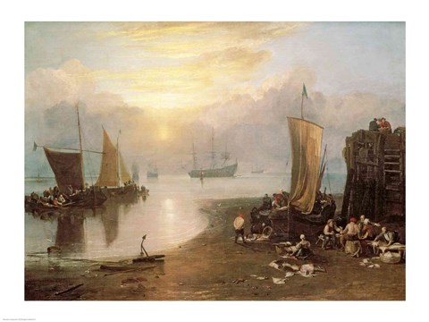 Framed Sun Rising Through Vapour: Fishermen Cleaning and Selling Fish, c.1807 Print