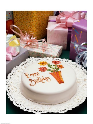 Framed High angle view of a birthday cake with gifts Print