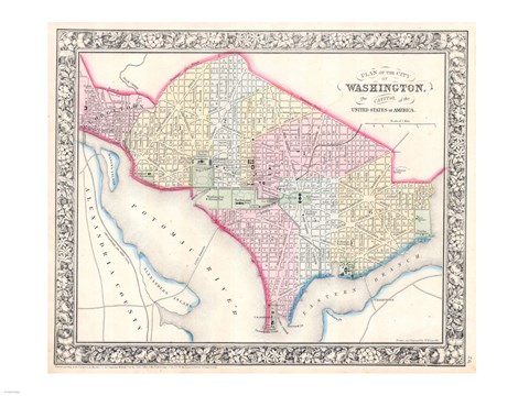 Framed 1864 Mitchell Map of Washington D.C. Print