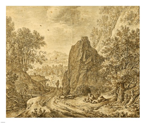 Framed Mountain Landscape with Figures Print