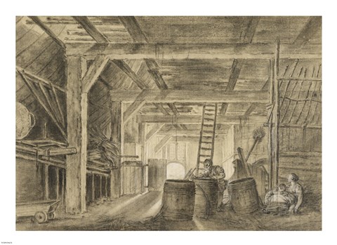 Framed Interior of a Barn with a Family of Coopers Print