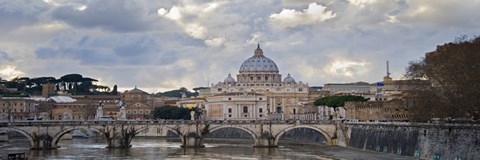 Framed Arch bridge across Tiber River with St. Peter&#39;s Basilica in the background, Rome, Lazio, Italy Print