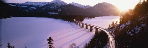 Framed High angle view of a bridge across a lake, Sylvenstein Lake, Bavaria, Germany Print