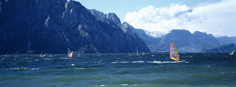 Framed Windsurfing on a lake, Lake Garda, Italy Print