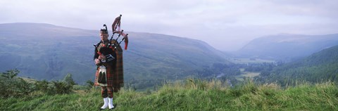 Framed Bagpiper at Loch Broom in Scottish highlands, Ross and Cromarty, Scotland Print