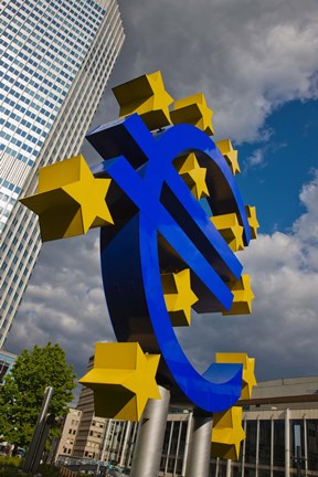 Framed Sculpture of an Euro sign in front of a building, Willy-Brandt-Platz, European Central Bank, Frankfurt, Hesse, Germany Print