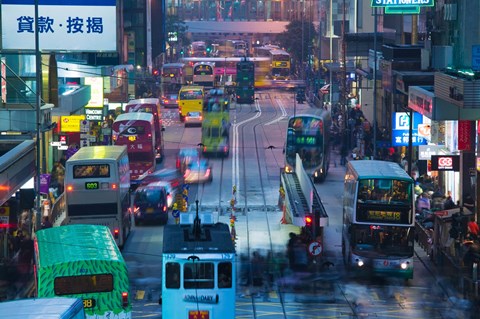 Framed Traffic on a street at night, Des Voeux Road Central, Central District, Hong Kong Island, Hong Kong Print