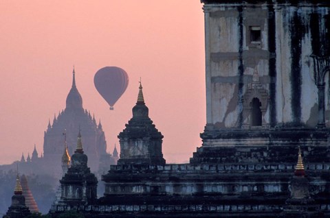 Framed Hot Air balloon over the temple complex of Pagan at dawn, Burma Print