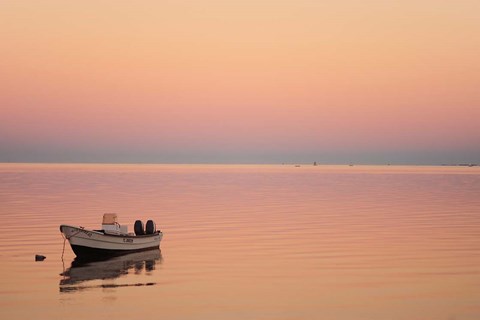 Framed Pink sunrise with small boat in the ocean, Ifaty, Tulear, Madagascar Print