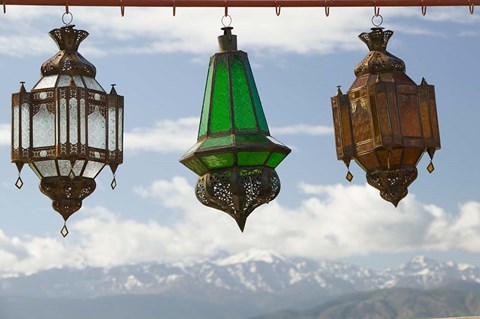 Framed View of the High Atlas Mountains and Lanterns for Sale, Ourika Valley, Marrakech, Morocco Print