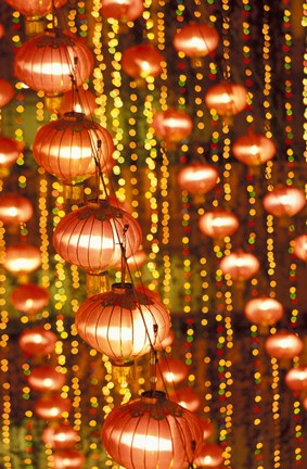 Framed Beijing Hotel Lobby and Red Chinese Lanterns, China Print