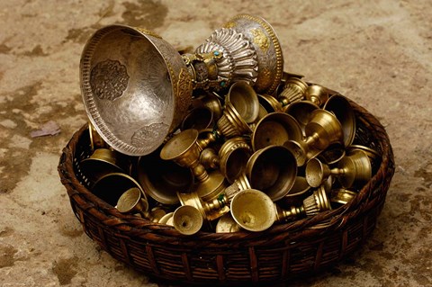 Framed Brass Yak Butter Tea Cups in Songzhanling Monastery, Zhongdian, Deqin Tibetan Autonomous Prefecture, Yunnan Province, China Print