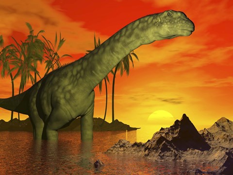 Framed Large Argentinosaurus dinosaur in water at sunset Print